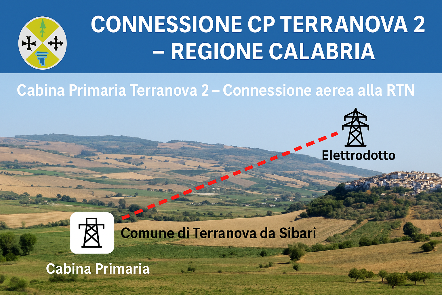 Visualizzazione del tracciato elettrico per la connessione CP Terranova 2 a Terranova da Sibari, con elementi paesaggistici e infrastrutturali.