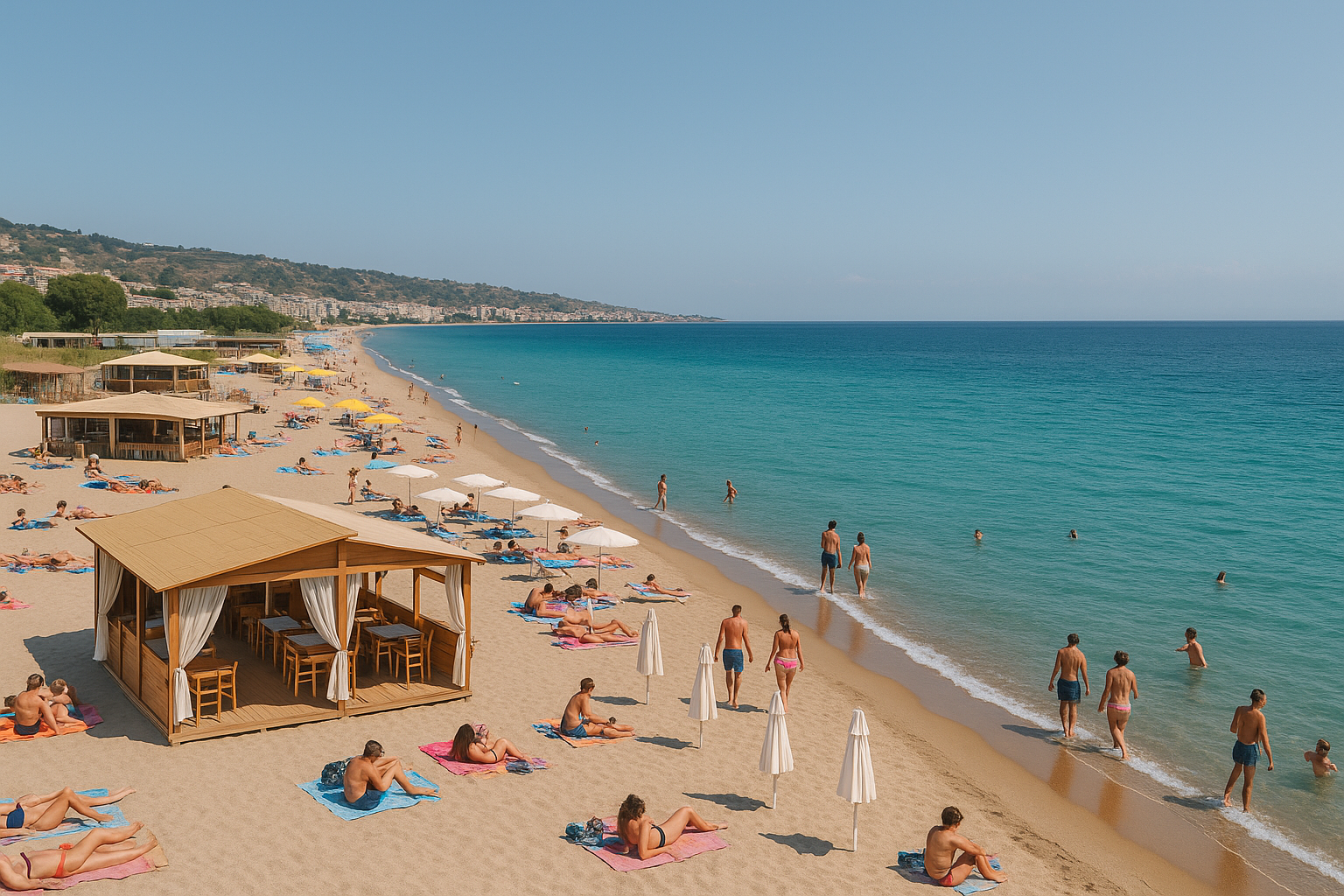 Vista panoramica di una spiaggia di Reggio Calabria con bagnanti, sabbia, mare calmo e strutture balneari stagionali come chioschi e ombrelloni, in una giornata estiva.