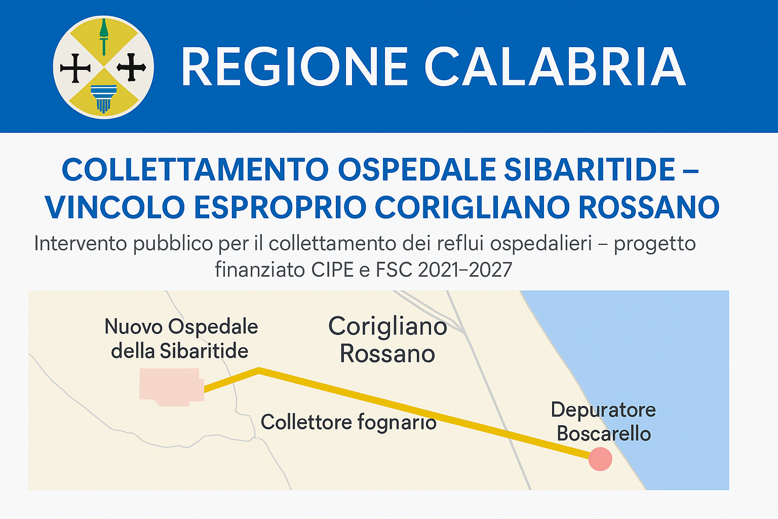 Mappa illustrativa dell’intervento di collettamento reflui ospedale Sibaritide a Corigliano-Rossano