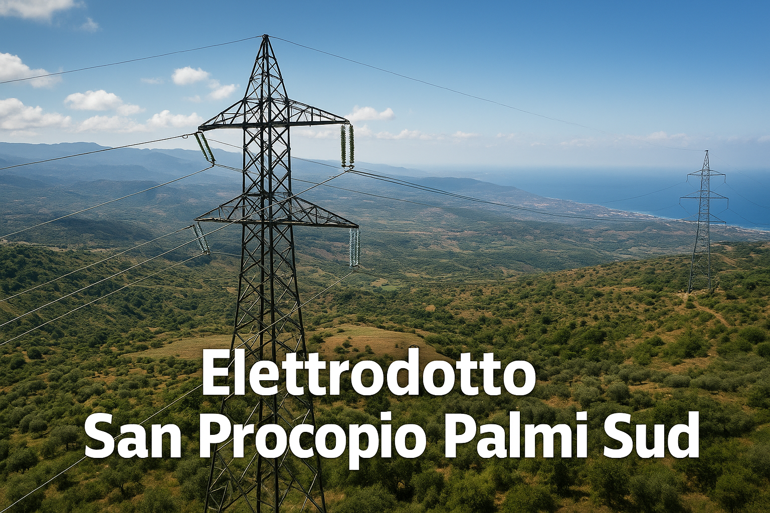 Immagine visiva (elaborata con IA) delle linee elettriche e dei territori interessati dal nuovo elettrodotto San Procopio-Palmi Sud